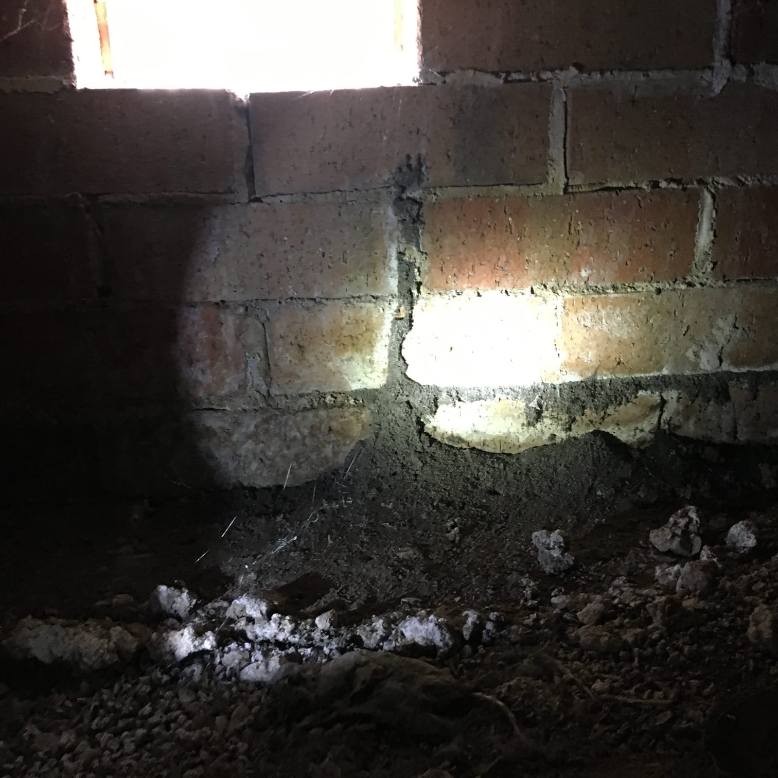 brickwork under a house with termite tunnels running up it to the timber beams